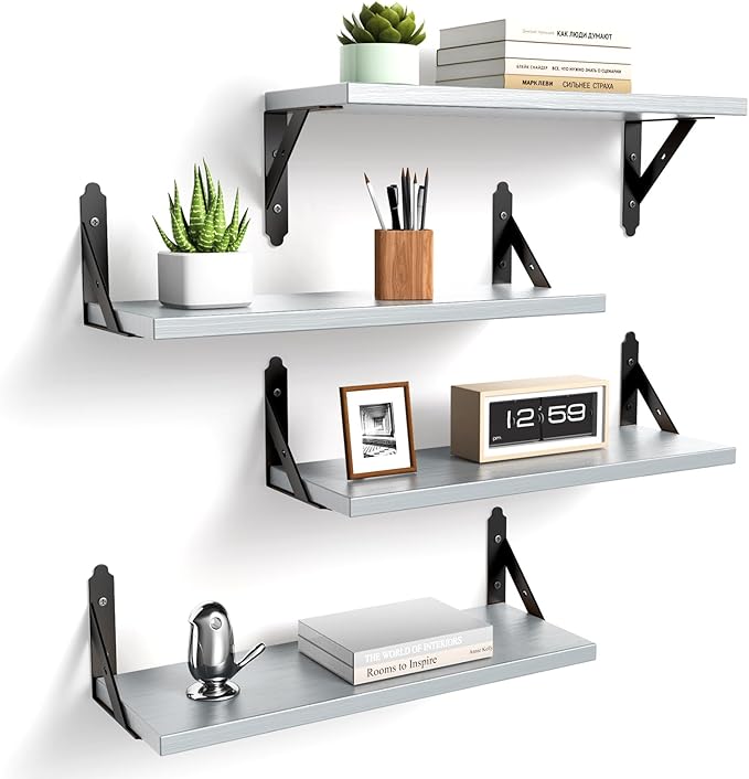 ROMGUAR CRAFT Wood Floating Shelves Set of 4, Rustic Storage Decor Wall Shelves, Wall Mounted Shelf for Living Room, Bedroom 17" x 6", Light Grey