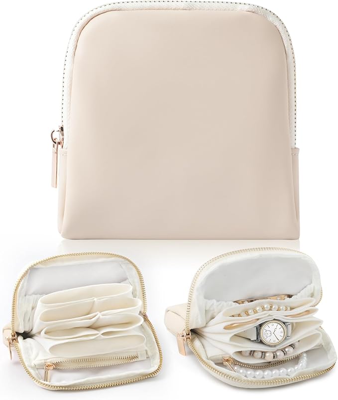 Genuine Leather Travel Jewelry Organizer Case Pouch Bags with Zipper, Small Mini Portable Jewelry Storage Bag for Ring Earrings Necklace Bracelet Travel Essentials Gift for Women（Beige）