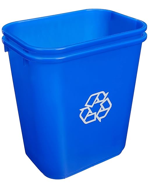 Amazon Basics Rectangular Commercial Office Recycling Wastebasket with Recycle Logo, Easy to Clean, 7 Gallon, Blue, Pack of 2