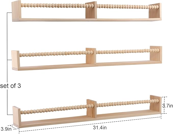 birola Nursery Book Shelves for Kids Rooms - 32 Inches Floating Wall Bookshelves Set of 3, Space-Saving Nursery Shelves with Beads Design for Kids Room, Bedroom and Study Room(Natural)