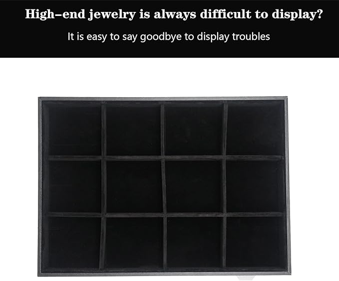 Large Velvet Jewelry Tray, Drawer Organizer for Jewelry in Dresser, Stackable Jewelry Drawer Organizer Inserts for Earring Necklace Bracelet Rings(Black,12grid)