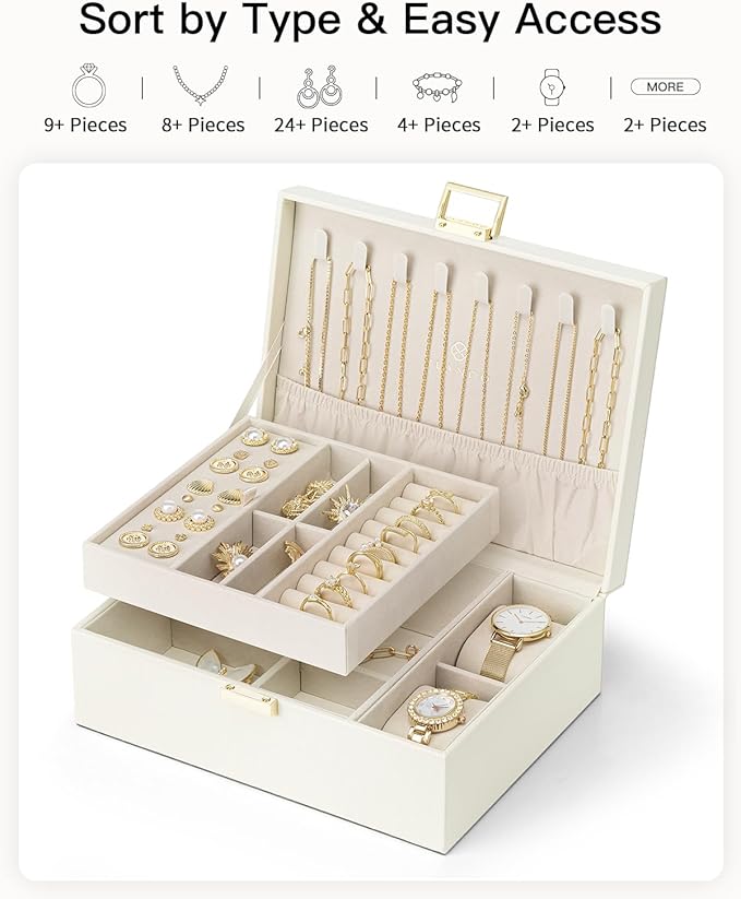 Vlando Jewelry Organizer,2 Layer Jewelry Box Large Jewelry Organizer for Women Removable Jewelery Tray with Watch Pillow for Necklace Earrings Rings Bracelets(Cream White)