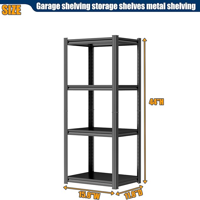 PRESTELION 44" H Storage Shelves 4-Tier Garage Shelving Unit Adjustable Metal Shelf Storage Rack for Basement, Warehouse, Pantry, Closet, Kitchen 44" H x 15.8" W x 11.8" D, Black