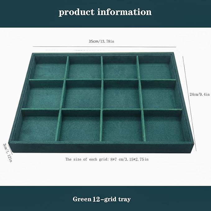 Large Velvet Jewelry Tray, Drawer Organizer for Jewelry in Dresser, Stackable Jewelry Drawer Organizer Inserts for Earring Necklace Bracelet Rings(Green,12grid)