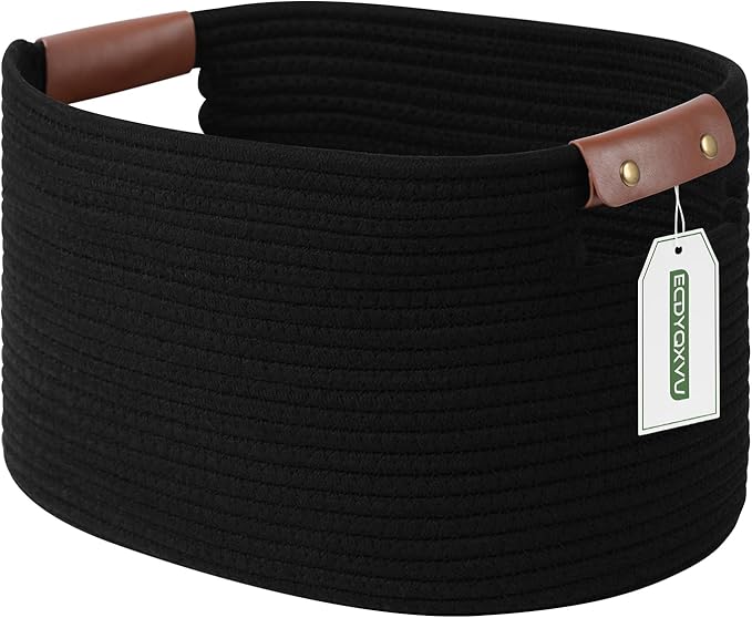 ECDYQXVU Cotton Rope Basket, Storage Baskets with Handle, 15x10x9 Inch Woven Basket for Shelves, Laundry, Towels, Clothes, Books (Black 1Pack)