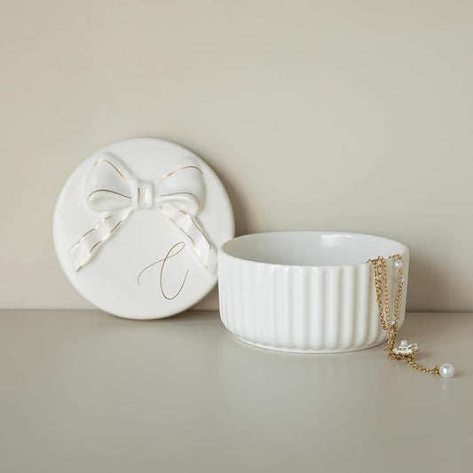 COLLECTIVE HOME - Monogram Jewelry Box with Bow, Christmas Gift Ideas for Women, Small Gift for Girlfriend Wife, Ring Holder, Earrings Dish, Birthday Gift for Her (C)