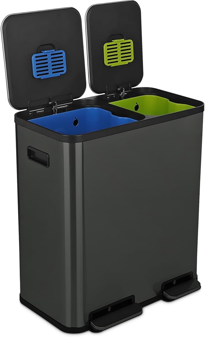 SIMPLI-Magic 18.5 Gallon (70L) Dual Compartment Kitchen Trash Can - Hands-Free Step Pedal, Soft-Close Lid, Stainless Steel Recycling Bin with Odor Filter (40L + 30L), Black