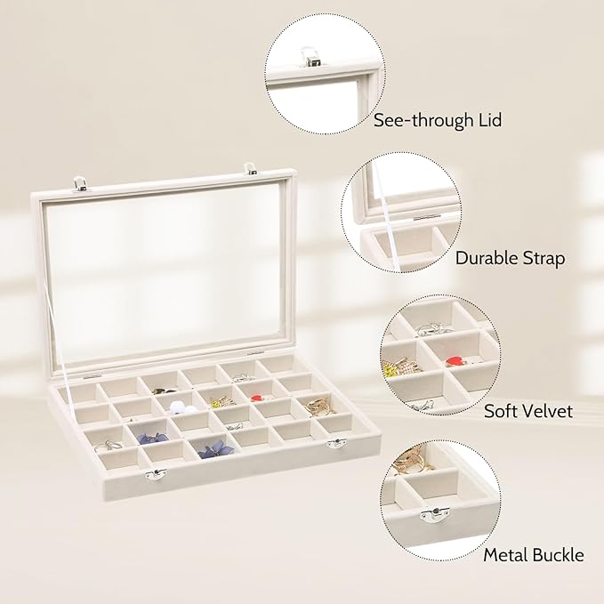 Stratalife Jewelry Organizer Jewelry Tray with See-through Lid 24 Grids Earring Display Showcase Large Velvet Storage Box for Earring Necklace Rings Dice Beige