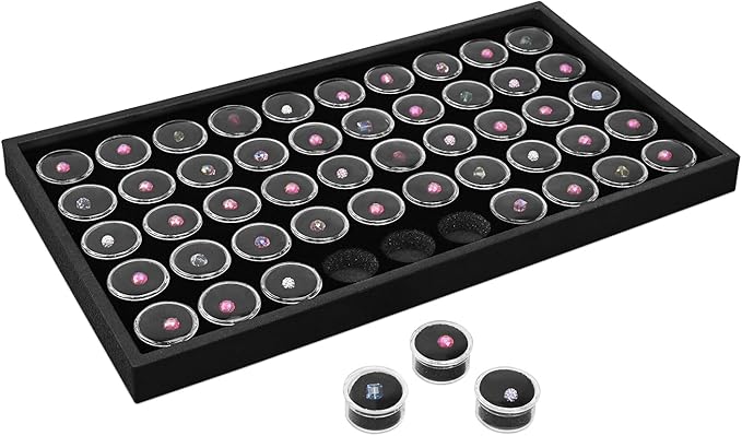 Ikee Design Black Foam Gem Jars Showcase Stackable Display Tray for Collectibles, Home Organization Storage Box with 50 Gemstones and Bead Storage Jars