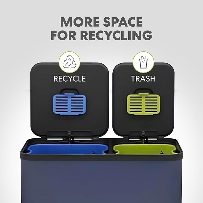 Simpli-Magic 70 Liter / 18.5 Gallon Rectangular Hands-Free Dual Compartment Recycling Kitchen Step Trash Can with Soft-Close Single Lid, Stainless Steel (40L x 30L Capacity), Blue