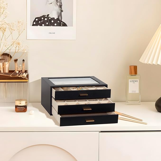 Jewelry Box with Glass Lid, 3-Layer Jewelry Organizer for Women Girls, PU Leather Display Case with 20-Grid Earring Tray & Movable Dividers for Necklaces Rings,Black