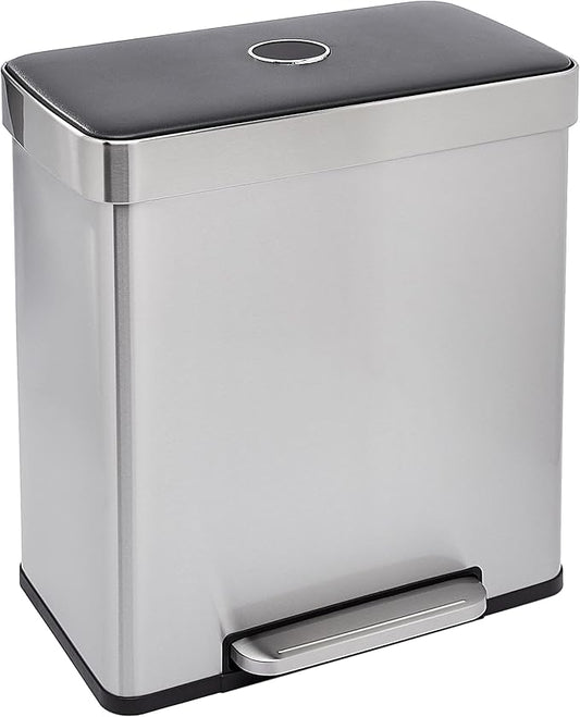 Amazon Basics Dual Compartment Recycling Trash Can with Soft-Close Lid, Fingerprint Resistant, Removable Liner Buckets, 60 Liters, Rectangular, Grey, Silver