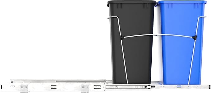 Rev-A-Shelf RV-18KD-2218C-S Double Pullout Trash Cans for Kitchen Cabinets 35 Quart Garbage Recycling Bin on Full Slides, Blue/Black