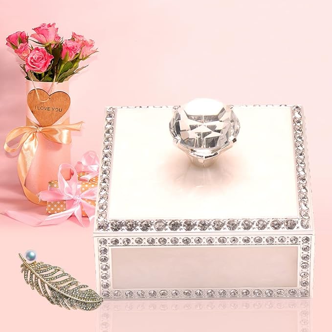 LASODY Diamond Crystal Jewelry Storage Box for Rings Earrings Necklace Treasure Chest Organizer Jewelry Keepsake Gift Box Case for Girl Women (Diamond Square Silver Plater White)