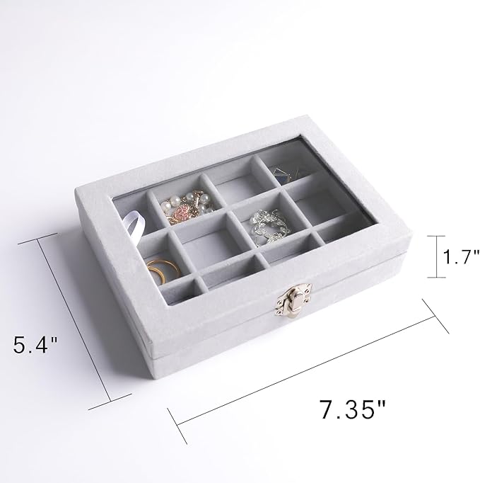 Frebeauty Jewelry Organizer Tray with Clear Lid, 12 Grid Velvet Drawer Insert Storage Box with Transparent Lid Display Case Gift for Women (Grey, 12 Grid)