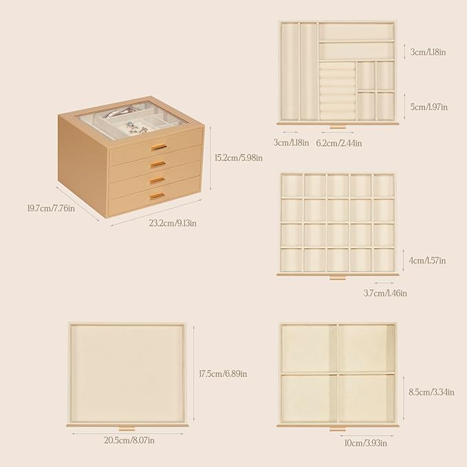 Jewelry Box with Glass Lid, 4-Layer Jewelry Organizer for Women Girls, PU Leather Display Case with 20-Grid Earring Tray & Movable Dividers for Necklaces Rings,Camel