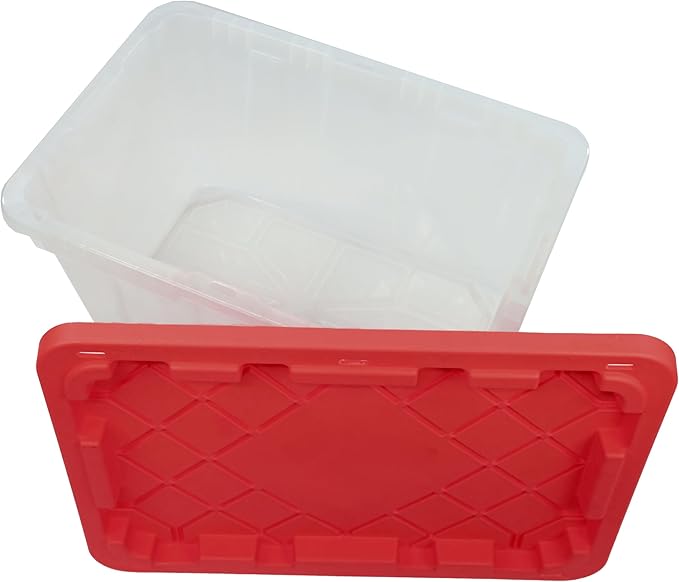 CX BLACK & YELLOW, XTRA TALL 27-Gallon Heavy Duty Clear Storage Container & Snap-Tight Lid, Clear & Red (28.5L x 19.4W x 15.2H), Weather-Resistant, Stackable, See-Through Organization Tote