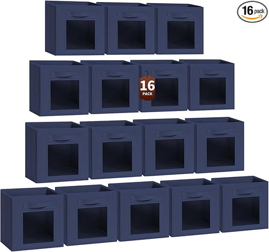 Homsorout Storage Cube 11 Inch - Cube Storage Bins with Window, Closet Storage Baskets with Handle, Fabric Bins for Closet, Shelves, Toys, Clothes, Set of 16, Navy Blue