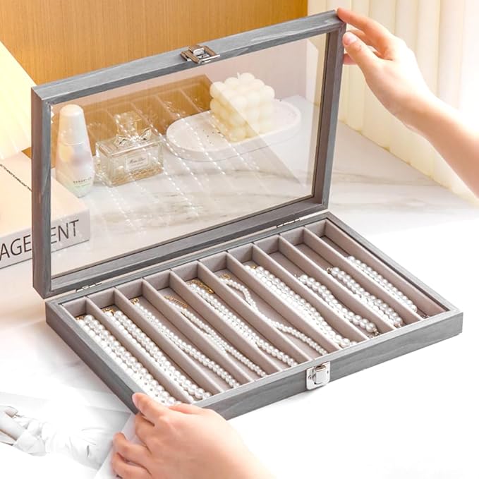 Glass Lid Necklace Organizer Box Transparent Necklace Holder Organizer Velvet Necklace Display Box Clear Lid Jewelry Storage Stackable Necklace Display Case for Women Girls (Grey)
