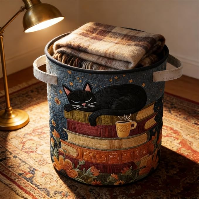 Cat Quilted Laundry Basket - 18"/22"/28", 2026 Large Quilted Cat Laundry Basket with Handles, Cozy Cat Fabric Storage Hamper for Nursery, Bedroom, Laundry Room, Clothes & Toys (1, S 14"X18")