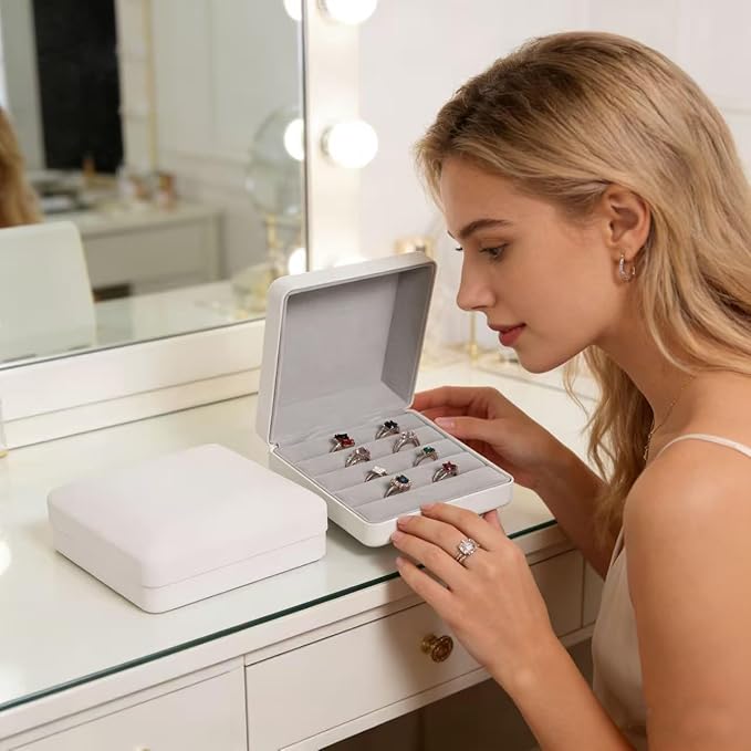 Small Ring Organizer Box, Portable Jewelry Rings Display Collector Case, Jewelry Ring Tray holder Showcase. Modern Rings Storage Boxes Fit for Women, Girl for Travel (White)