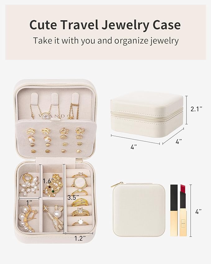 VLANDO Mothers Day Mom Gifts - Travel Jewelry Case, Small Travel Jewelry Organizer Box for Girls Women - White