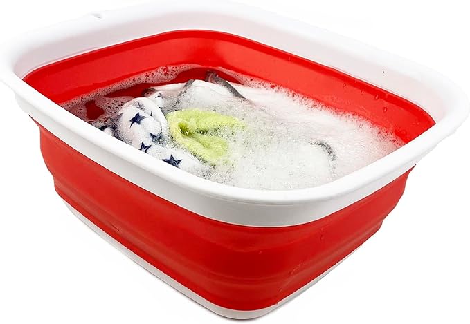 SAMMART 7.7L (2 Gallon) Collapsible Tub - Foldable Dish Tub - Portable Washing Basin - Space Saving Plastic Washtub (White/Coral Pink, S)