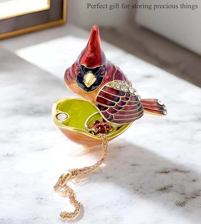 Elegant Cardinal Bird Jewelry Trinket Boxes Hinged .Keepsake Ring Box Necklace Earrings Organizer.Cardinals Gifts for Women Bird Figurines Home Decor.