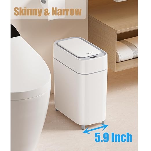 2-Pack - Bathroom Trash Can Automatic Touchless - 2 Gallon Slim Motion Sensor Garbage Can - Waste Basket for Bedroom, Laundry room, Small Spaces - Narrow Automatic Trash Bin - White with Grey Edge