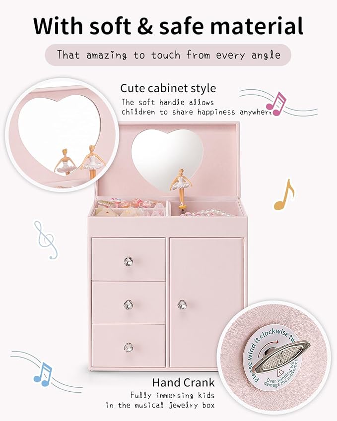 Vlando Musical Jewelry Box for Girls - Valentines Day Gift for Kid - Large Kid Music Box with Ballerina for Birthday Bedroom Decor, 4 Layer Girl Jewelry Gifts for Girls Kids - Light Pink