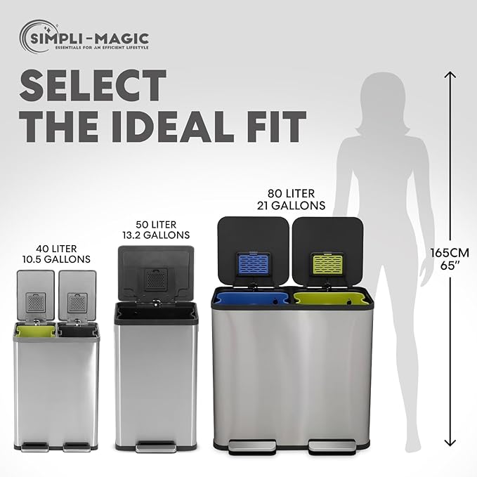 SIMPLI-Magic 21 Gallon (80L) Dual Compartment Kitchen Trash Can - Hands-Free Step Pedal, Soft-Close Lid, Stainless Steel Recycling Bin with Odor Filter (40L + 40L)