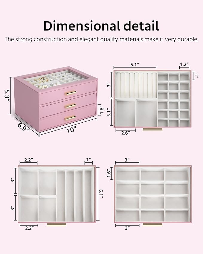 AKOZLIN Jewelry Box with Clear Lid Functional Leather Jewelry Storage Organizer Case 3 Drawers for Women Girls Necklace Ring Bracelet Earring