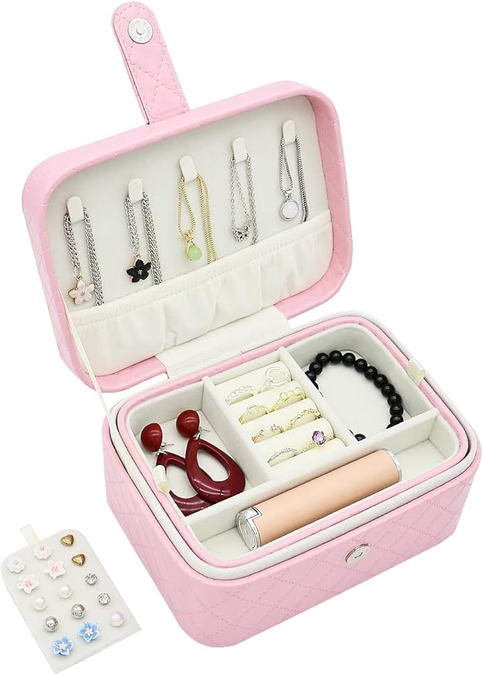 Jewelry Travel Case, 2-Layer Jewelry Box Organizer Medium Jewelry Travel Box, Portable Faux Leather Jewellery Storage Boxes with Argyle for Women, Daily Jewellery Case Home Use (Peach pink)