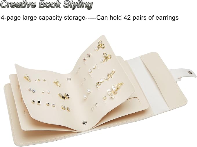 LAKE OF FIRE Earring Holder Organizer with Foldable Book Design Jewelry Book Organizer, Portable Pu Leather Travel Earring Case(Beige)