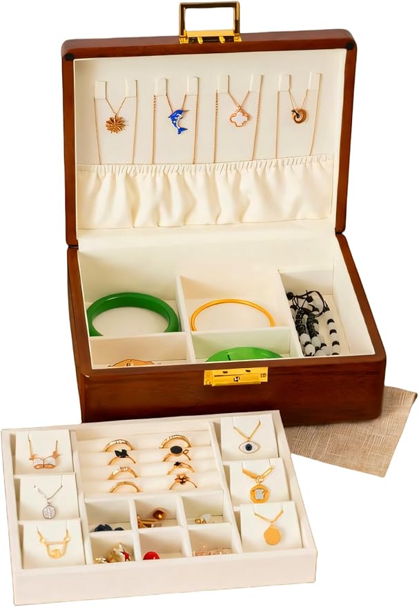 Solid Walnut Wood Jewelry Box with Lock, 2 Layer Velvet Jewelry Organizer Storage for Earrings Rings Necklaces Bracelets Cufflink, Gift Idea for Men Women, Beige