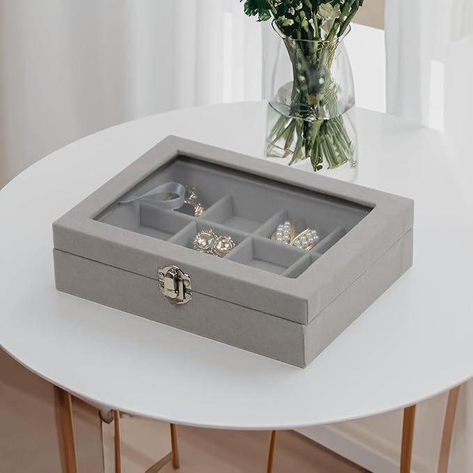 Fordonral Velvet Jewelry Organizer Box, Jewelry Drawer Organizers Trays, Earring Ring Necklace Holder Display Case (Gray, 12 Grid Box)