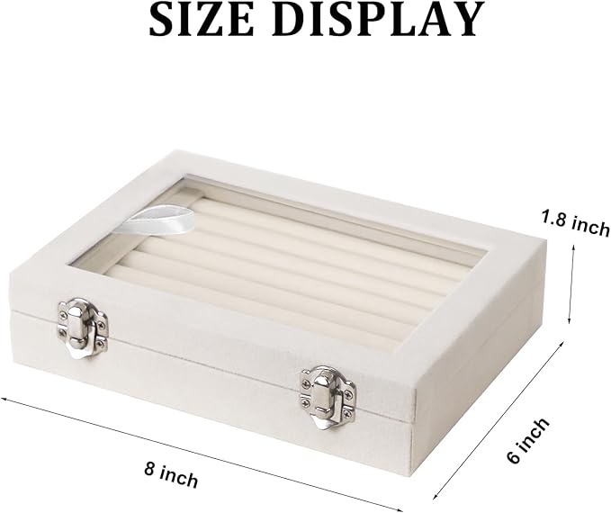 Jewelry Box Rings Organizer Tray 7 Slots Velvet Jewelry Earring Storage Box With Transparent Lid Jewelry Display Case for Girls Women (Beige)
