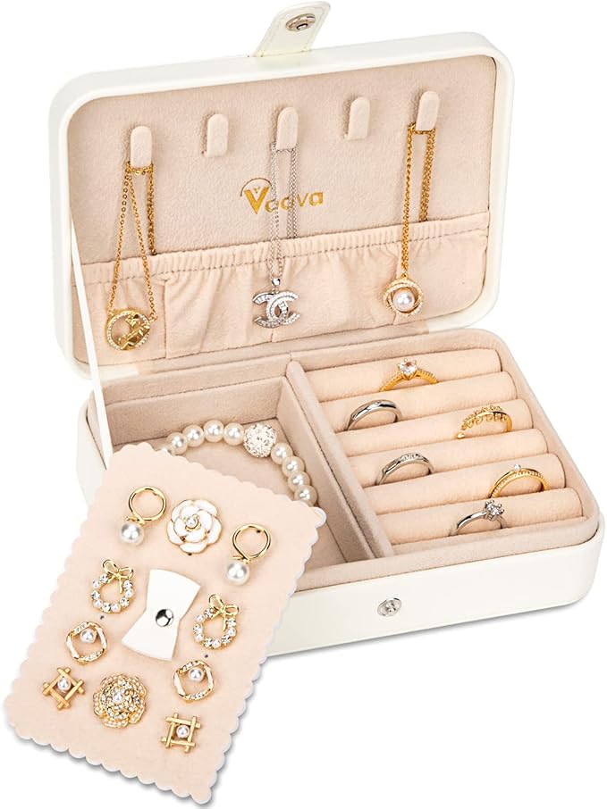 Voova Jewelry Box Organizer for Women Girls, 2 Layer Large Men Jewelry Storage Case, PU Leather Display Jewellery Holder with Removable Tray for Necklace Earrings Rings Bracelets (White, Small)