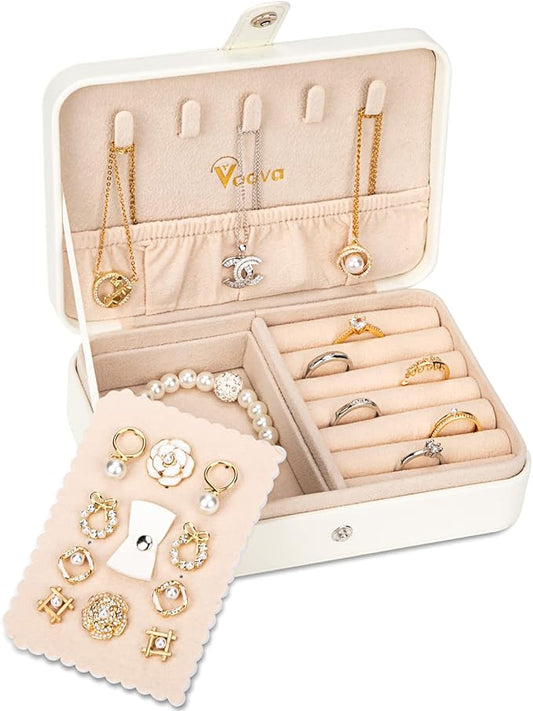 Voova Jewelry Box Organizer for Women Girls, 2 Layer Large Men Jewelry Storage Case, PU Leather Display Jewellery Holder with Removable Tray for Necklace Earrings Rings Bracelets (White, Small)