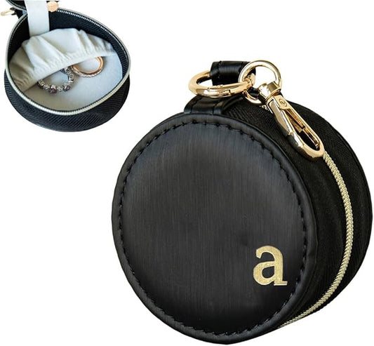 COLLECTIVE HOME - Monogrammed Letter Jewelry Case, Portable Travel Ring Holder Box with Keychain, Personalized Initial Organizer for Earrings Necklaces, Gift for Her (Black-a)