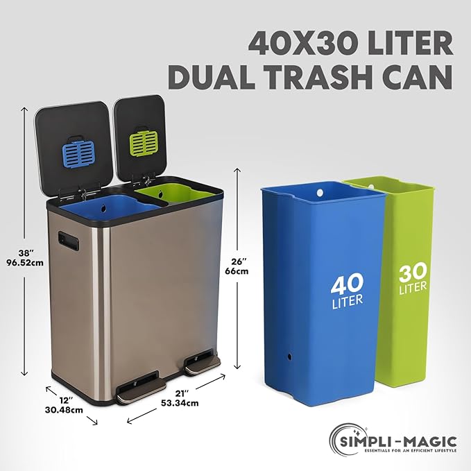 Simpli-Magic 70 Liter / 18.5 Gallon Rectangular Hands-Free Dual Compartment Recycling Kitchen Step Trash Can with Soft-Close Single Lid, Stainless Steel (40L x 30L Capacity) Rose Gold Finish