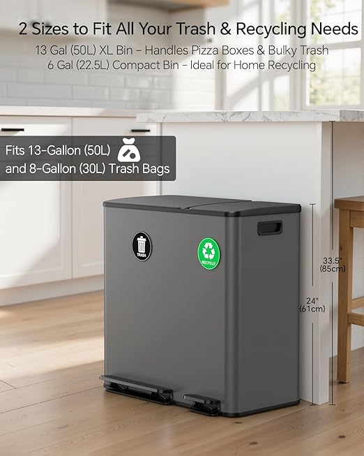 Lovewind Dual Trash and Recycling Bins for Kitchen, 13+6 Gallon Stainless Steel Garbage and Recycle Bin Combo for Large Families, Dual Trash Can with Soft Close Lid & Magnetic Stickers, Grey