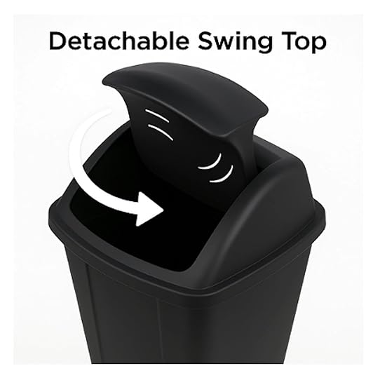 13 Gallon Swing Top Trash Can - Black Plastic Kitchen Garbage Bin with Lid
