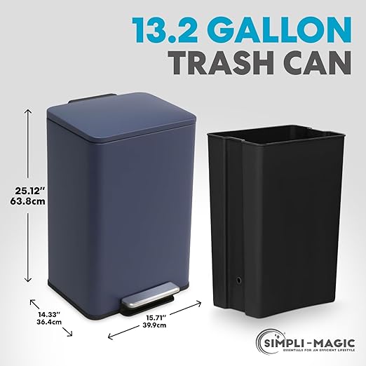 SIMPLI-Magic 50L / 13.2 Gallon Kitchen Trash Can - Soft-Close Lid, Hands-Free Step Pedal, Stainless Steel Garbage Can with Odor Filter, Smudge-Resistant Finish