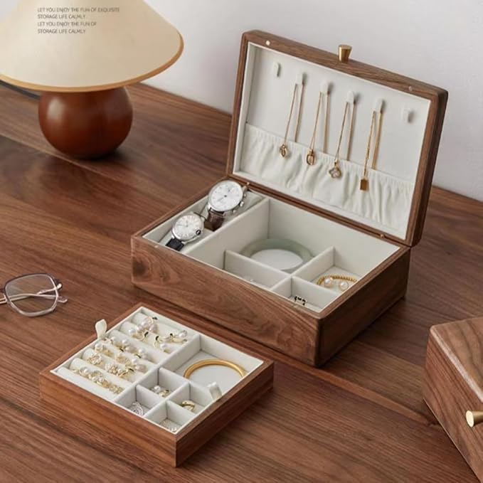 Bescott 2 Layer Solid Black Walnut Wooden Jewelry Box for Women Wood Vintage Organizer for Men Earrings Rings Necklaces Bracelet Watch Storage