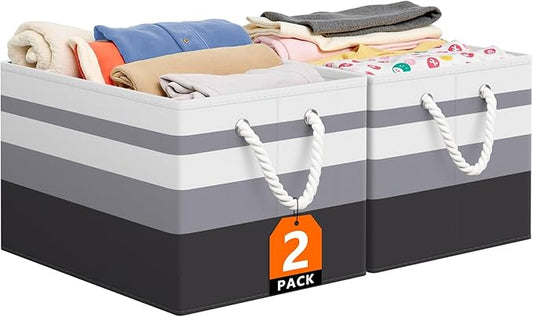 StorageTastic Storage Bin,Collapsible Storage Basket For Organizing,Large Storage Boxes With Rope Handles,Storage Containers,Gradient Grey,2 Pack