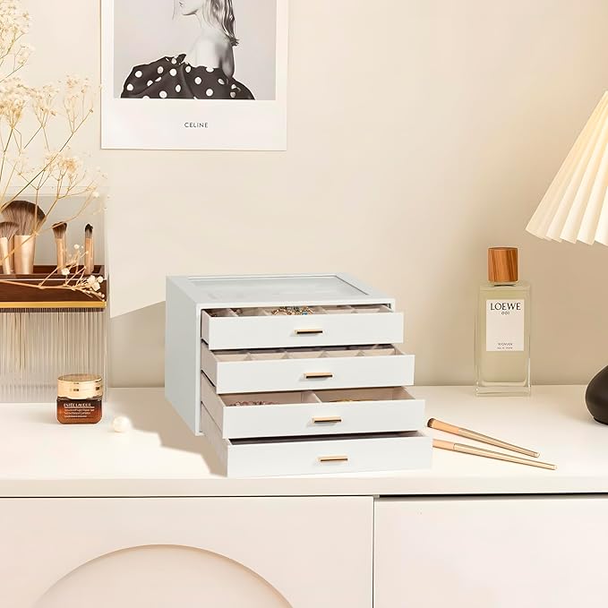 Jewelry Box with Glass Lid, 4-Layer Jewelry Organizer for Women Girls, PU Leather Display Case with 20-Grid Earring Tray & Movable Dividers for Necklaces Rings - Cloud White