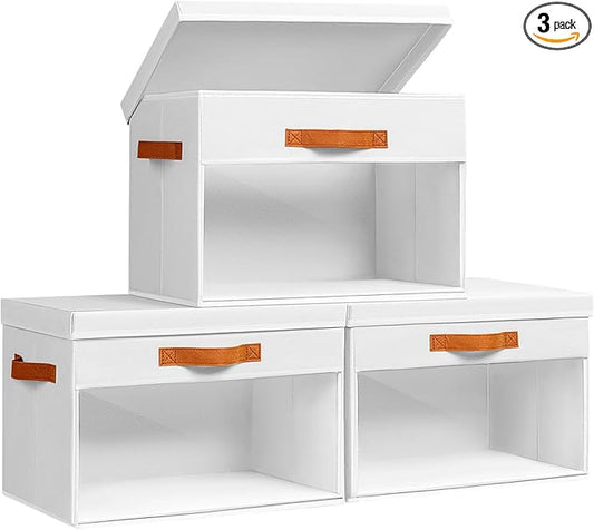 Homsorout Large Storage Bins with Lids - 3 Pack Foldable Decorative Organizers with Clear Windows & Handles, Cube Storage Organizers for Clothes, Blankets, Sweaters, Sheets, White