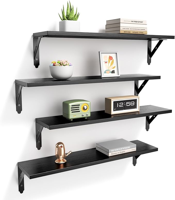 ROMGUAR CRAFT Wood Floating Shelves Set of 4, Rustic Storage Decor Wall Shelves, Wall Mounted Shelf for Living Room, Bedroom 23.6" x 6", Black