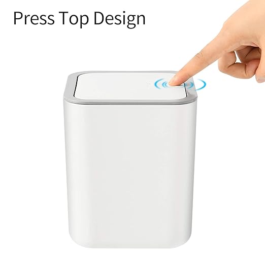 SUBEKYU 0.6 Gal Mini Desktop Trash Can with Lid, Small Square Countertop Garbage Bin, Plastic Tiny Tabletop Wastebasket for Office/Kitchen/Coffee Table, White